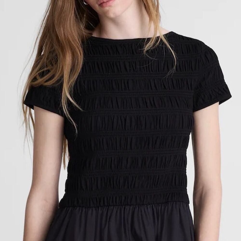 Madewell Smocked Boatneck Midi Dress Jet Black Size Small - Picture 2 of 8
